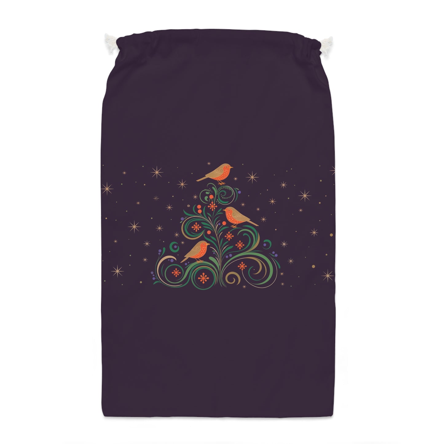 Purple Christmas Sack with Adorable Festive Robins | Holiday Decor