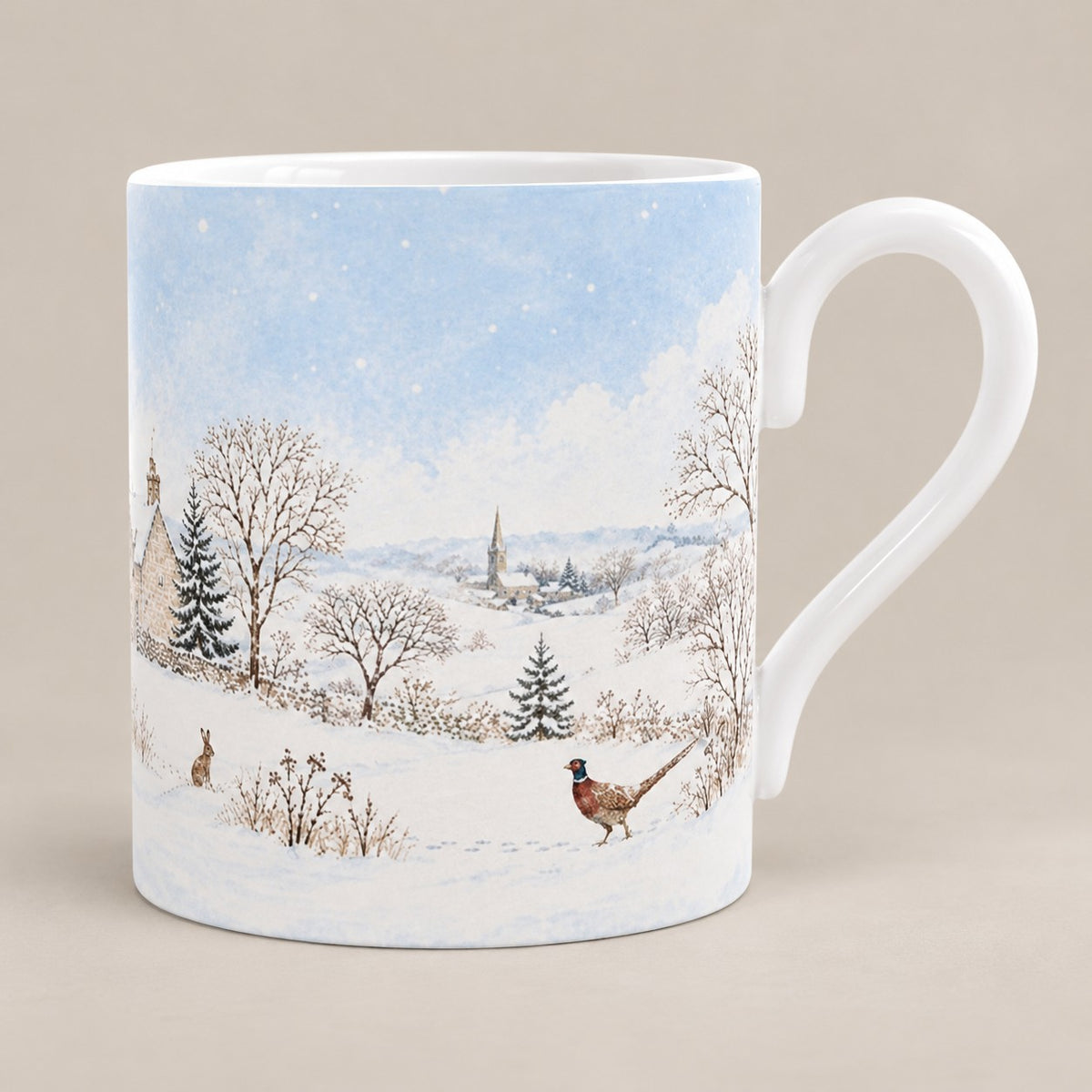 Snowy countryside mug with pheasant, hare, winter trees and distant village church in a British winter landscape
