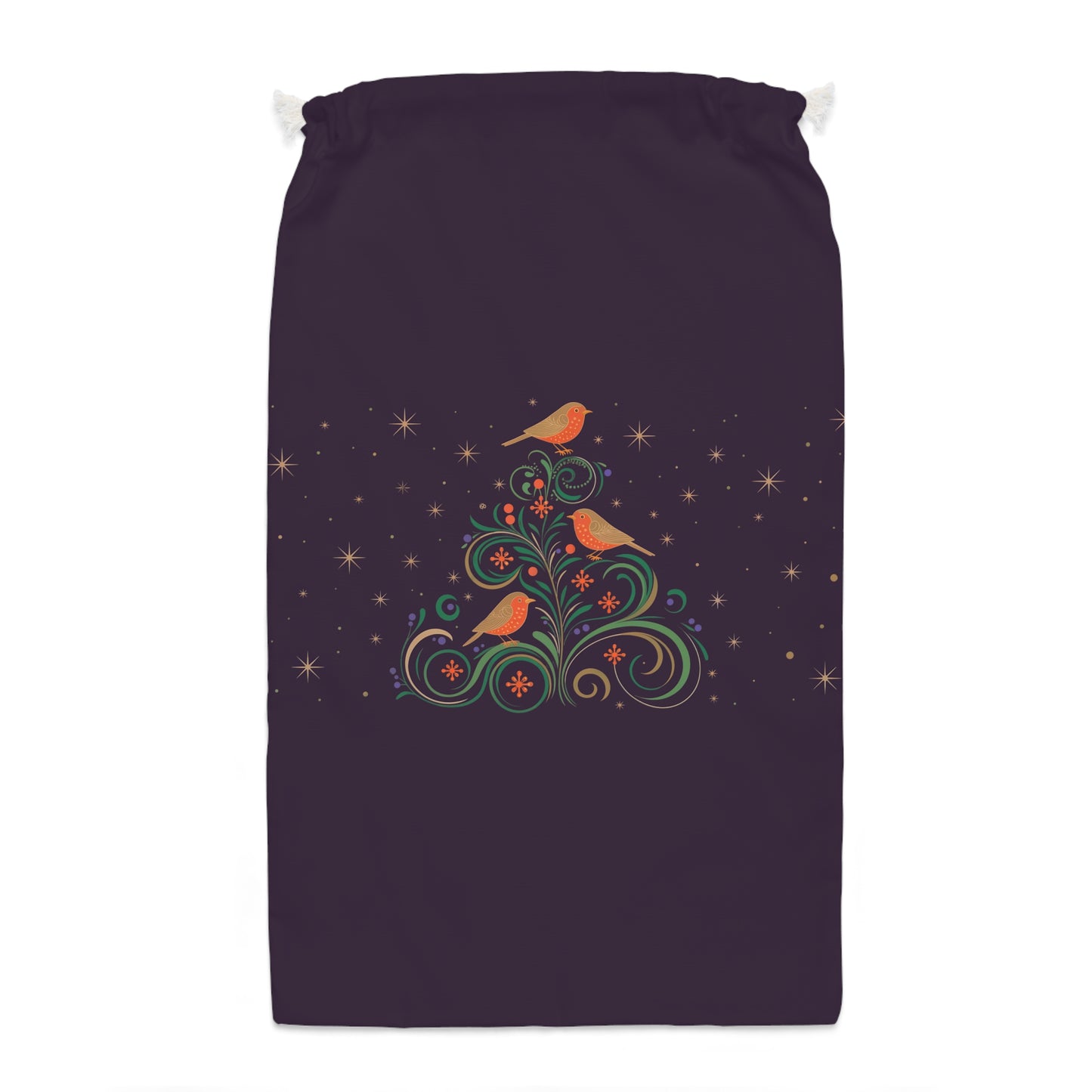 Purple Christmas Sack with Adorable Festive Robins | Holiday Decor