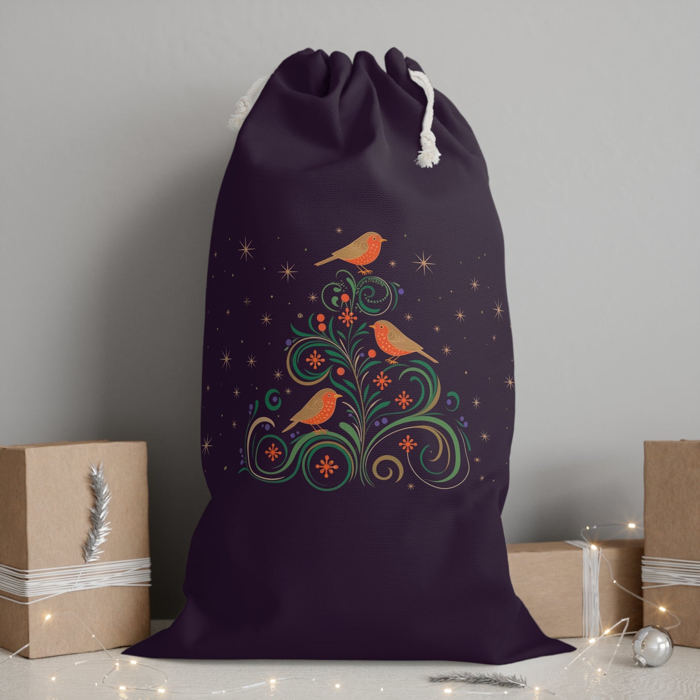 Purple Christmas Sack with Adorable Festive Robins | Holiday Decor