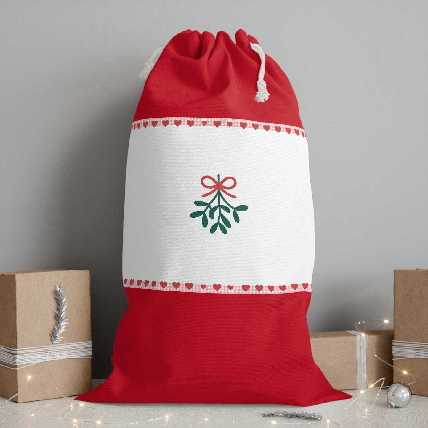 Chic Red Christmas Sack Featuring Mistletoe – Stylish Holiday Decor