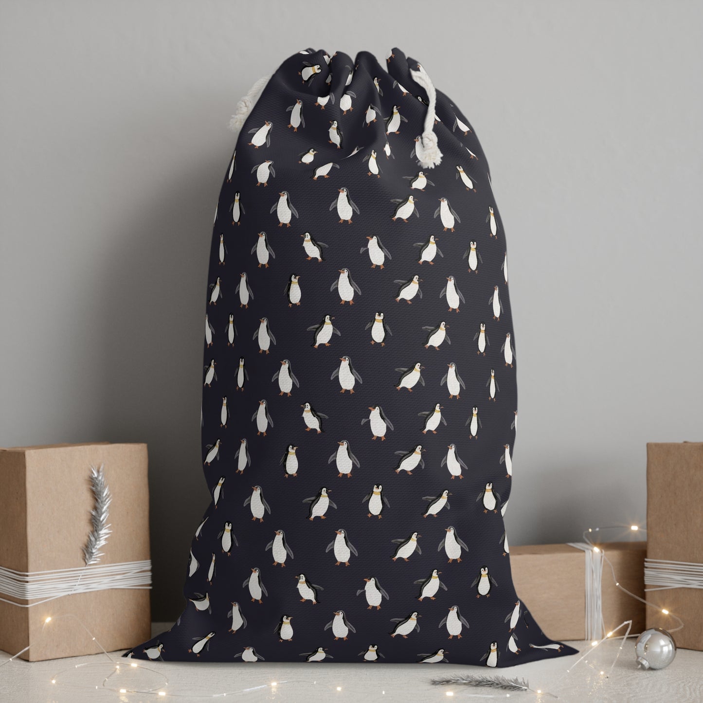 Adorable Penguin Navy Christmas Sack - Festive Holiday Gift Bag