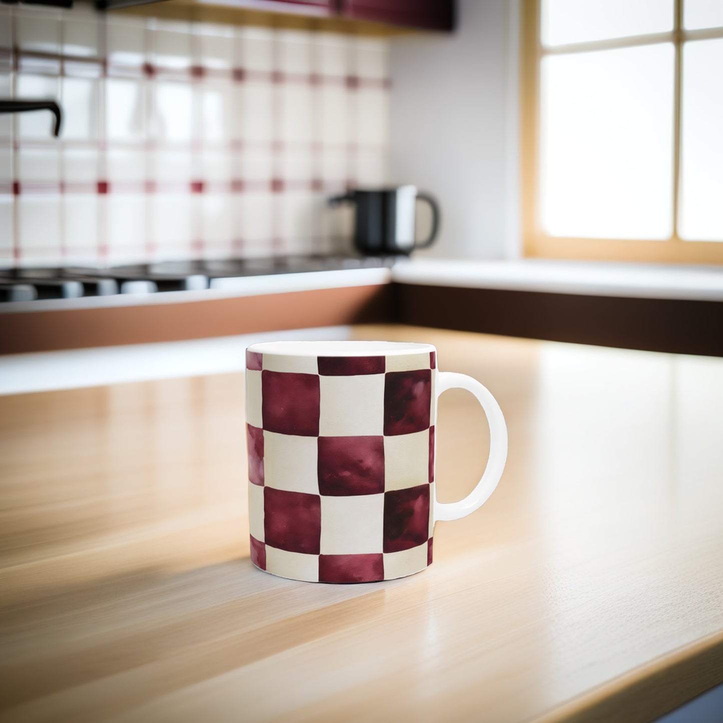 Farmhouse Style Burgundy Checkered Ceramic Mug