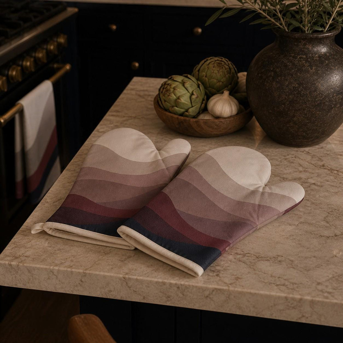 Pair of Estate Living Wave cotton linen oven mitts in ivory, taupe, burgundy and midnight blue by Aminelle & Willow