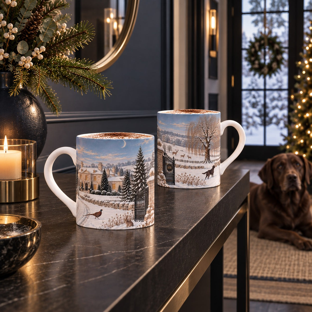 Christmas mug with stags crossing snowy countryside beside a winter willow tree and A&W estate gates