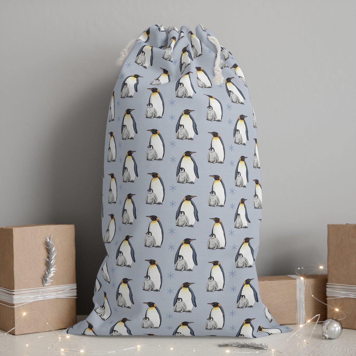 Light Blue Santa Sack with Adorable Penguin Design for Christmas