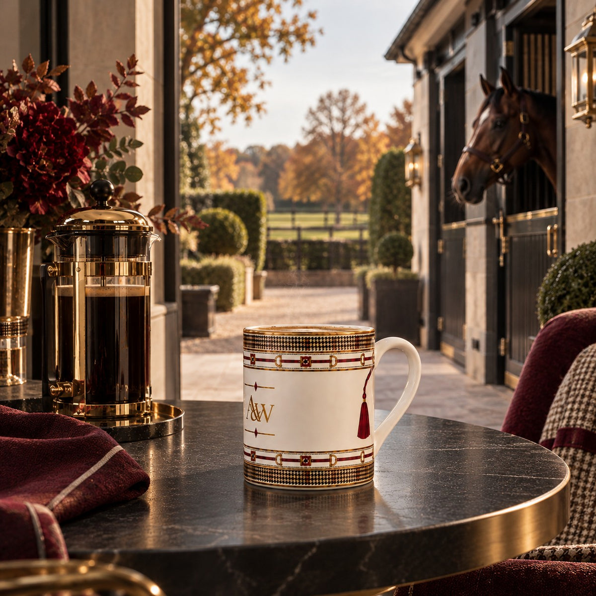 Luxury equestrian fine bone china coffee mug with burgundy, gold and houndstooth detailing, styled at an elegant country estate.