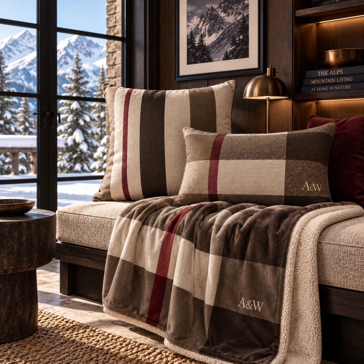 Brown plaid Sherpa fleece throw in espresso, taupe, ivory and burgundy draped over a velvet bench in an Alpine interior