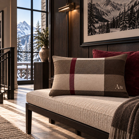 55x40cm brown plaid cotton linen cushion in espresso, taupe, ivory and burgundy with A&W monogram