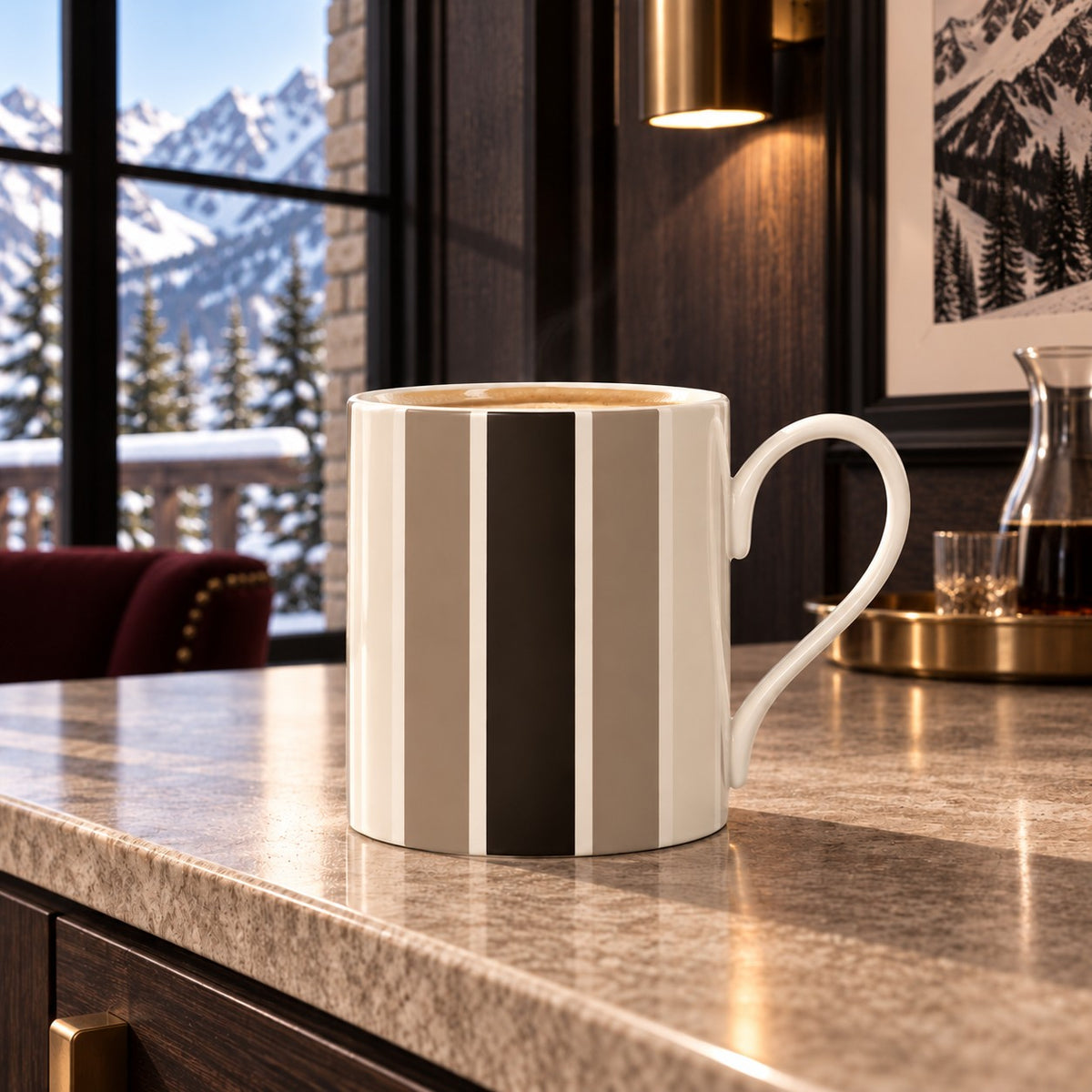 Brown and taupe striped fine bone china mug with espresso, ivory and neutral vertical stripes