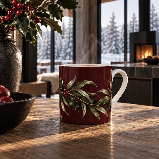 Willow & Holly fine bone china Christmas mug in deep burgundy with green willow leaves, holly and red berries.