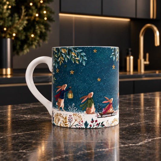 Winter Hare fine bone china Christmas mug with three scarf-wearing hares beneath a starlit tree in a snowy woodland