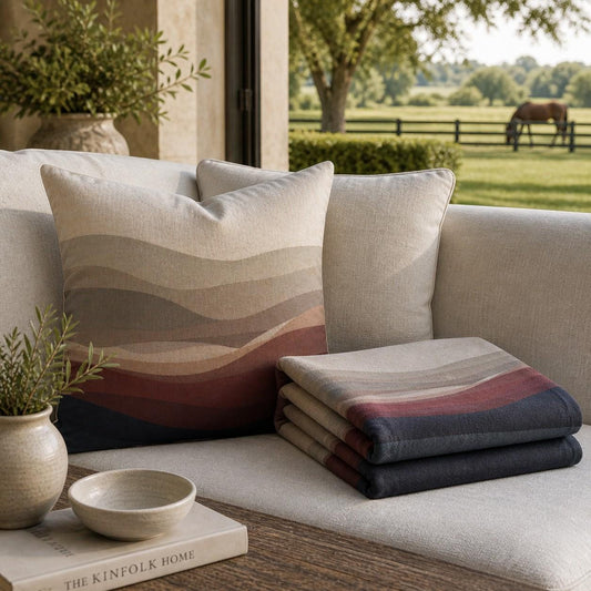 Estate Living Wave 50cm cotton linen feather cushion in ivory, taupe, burgundy and midnight blue by Aminelle & Willow