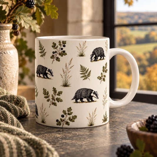 Badger & Bramble ceramic mug featuring illustrated badgers amongst brambles, berries, ferns and woodland grasses