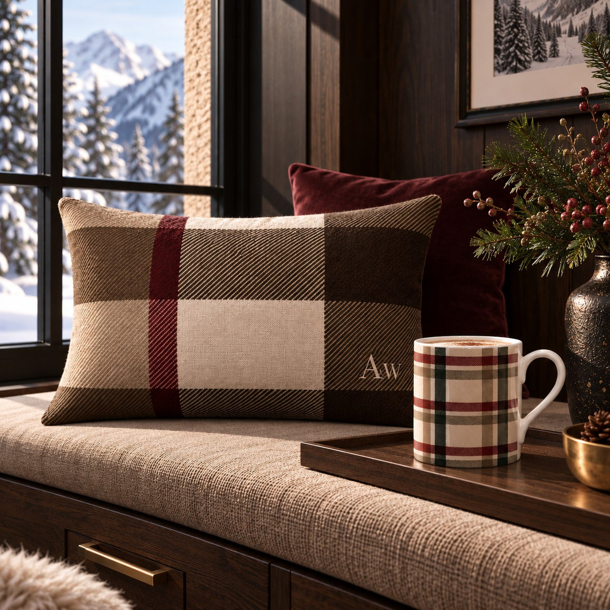 Plaid fine bone china mug with burgundy, forest green, taupe and ivory check pattern