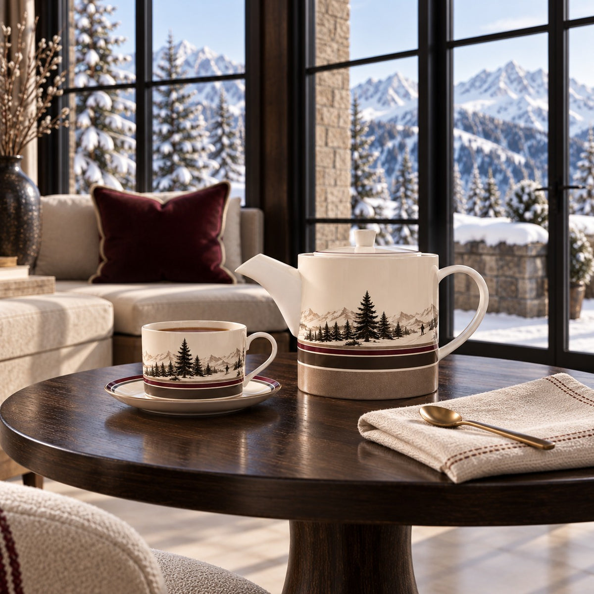 Bone china teapot with snowy mountain and pine tree landscape in espresso, taupe, ivory and burgundy