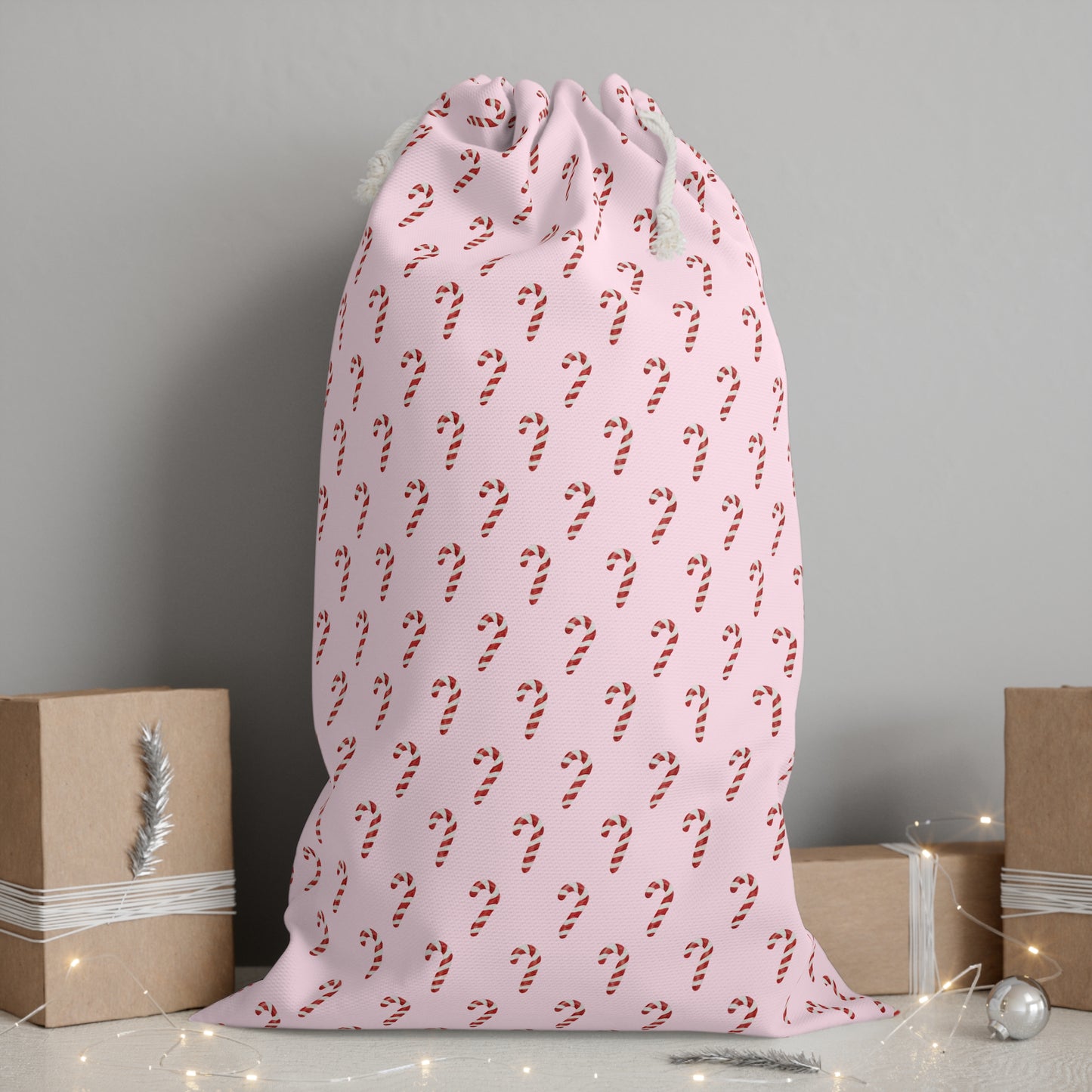 Pink Christmas Sack with Red & White Candy Cane Design