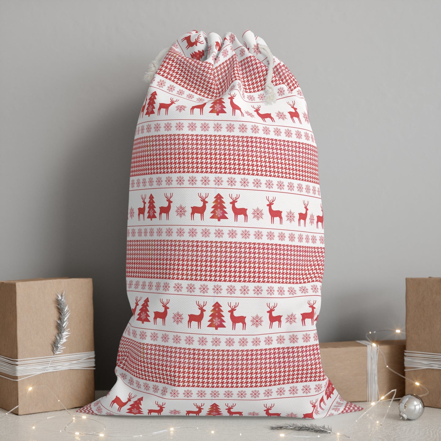Red & White Nordic Reindeer Christmas Sack - Festive Holiday Gift Bag