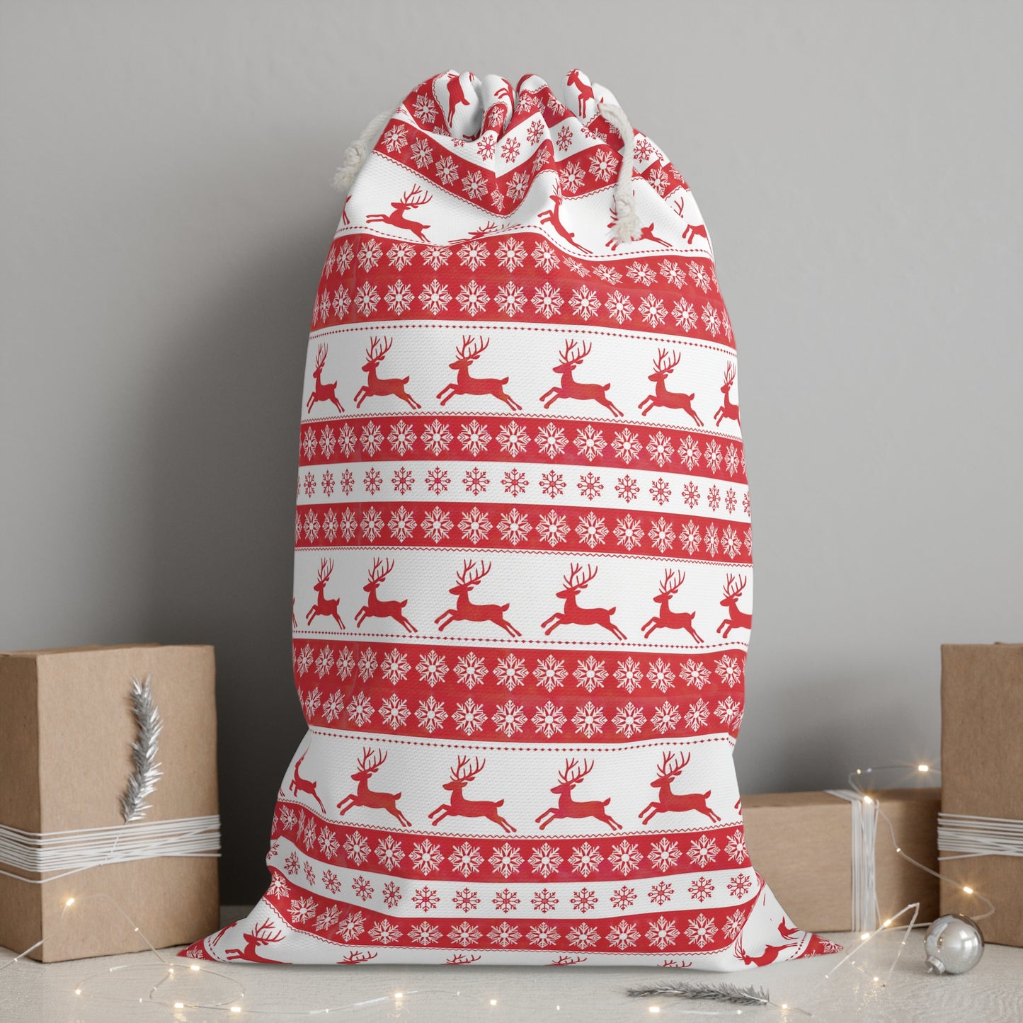 Reindeer & Snowflakes Christmas Sack - Red and White Nordic Design