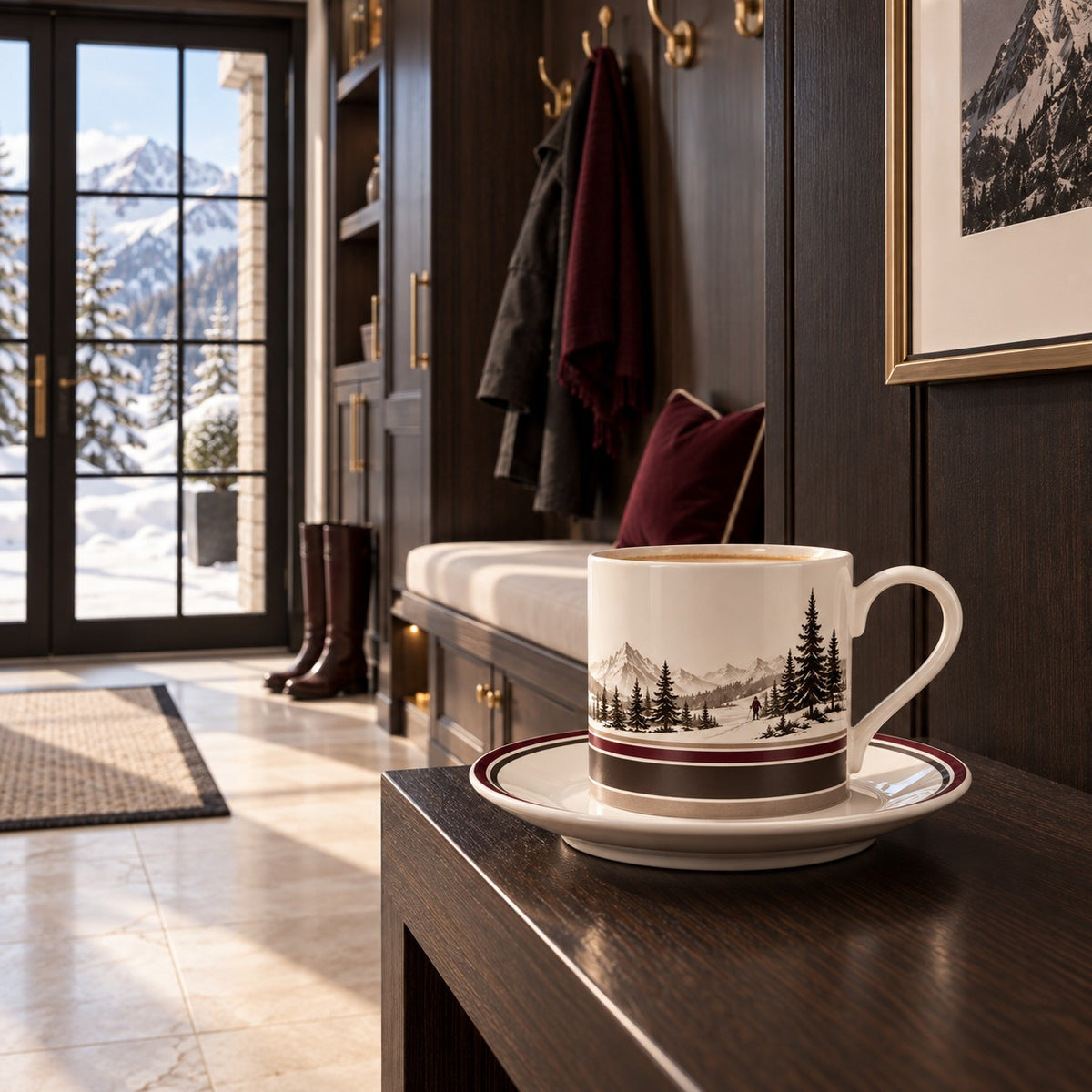 Alpine ski coffee cup and saucer with snowy mountain landscape and skier design on ivory bone china