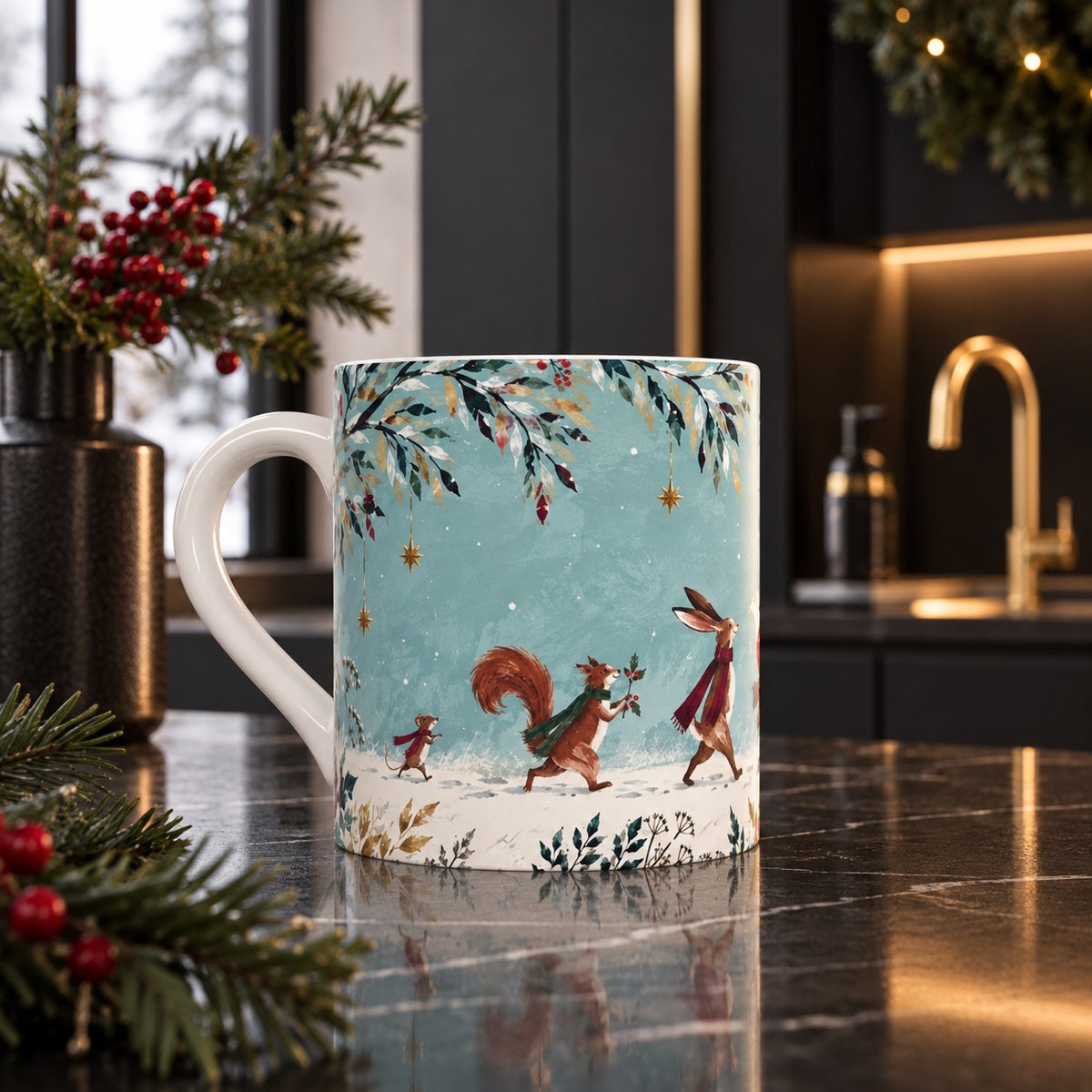 Reverse of Woodland Christmas fine bone china mug showing hare, squirrel and mouse walking through a snowy winter scene