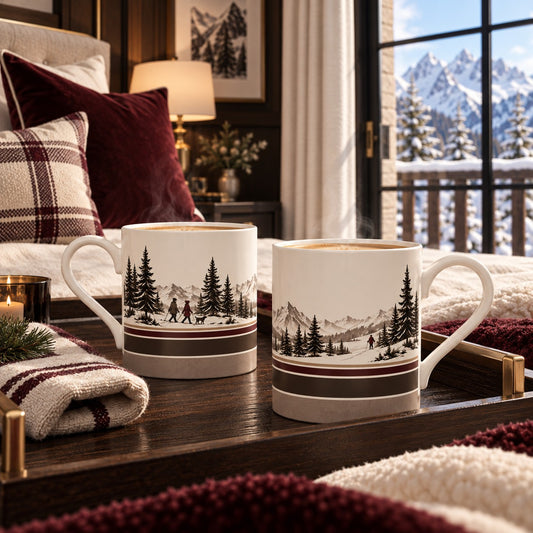 Fine bone china Alpine mug showing two winter walkers and their dog amongst snowy pine trees and mountain peaks