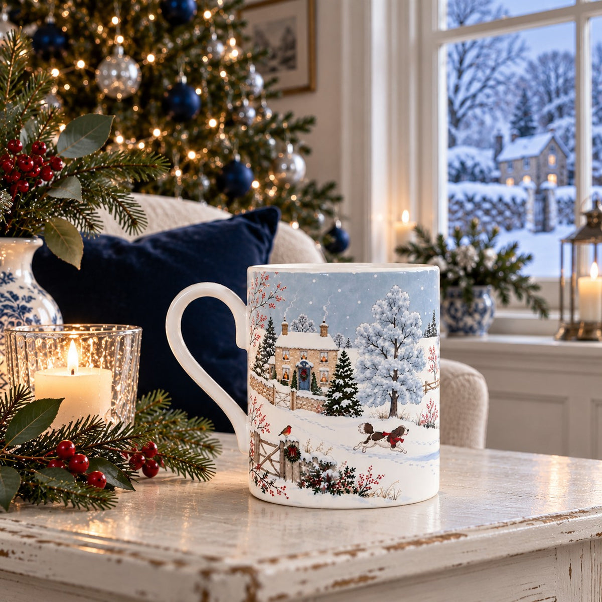 Fine bone china dog mug with spaniel running through snow outside a country house with robin and winter trees