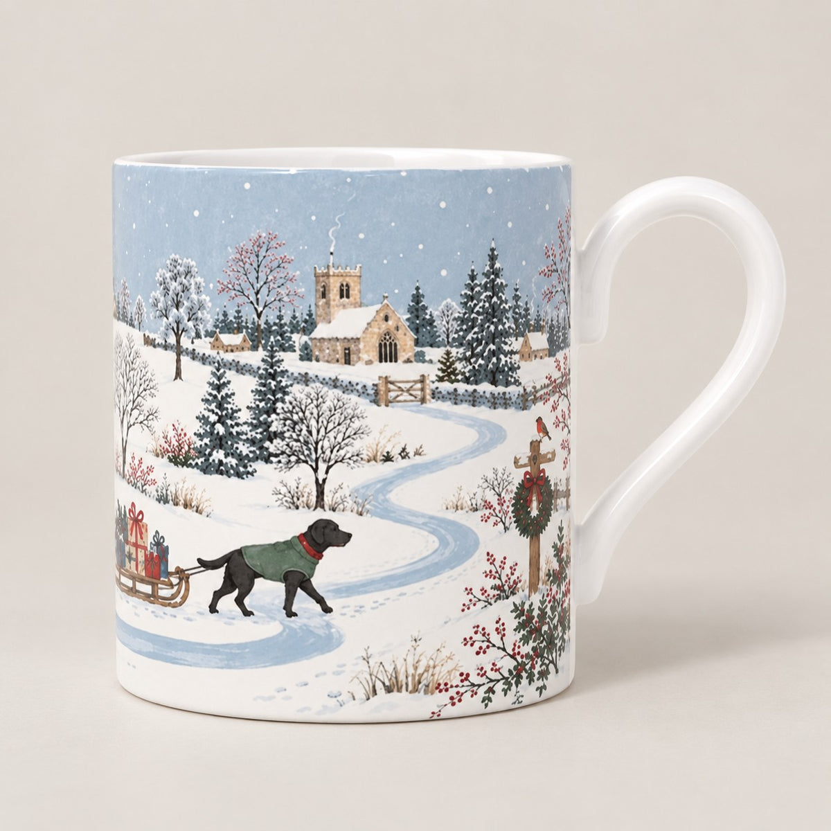 Fine bone china dog mug with Labrador running along a snowy country drive towards a country house