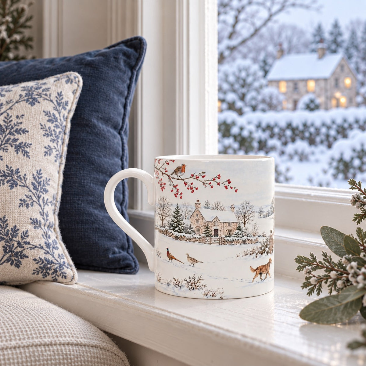 British wildlife mug with fox, pheasants and robin outside a snow-covered stone country house