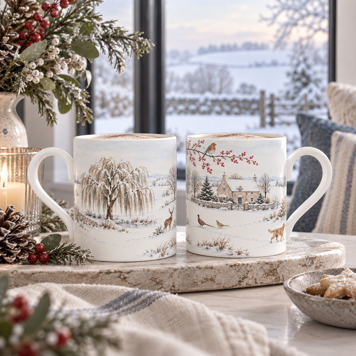 Two views of the Winter Estate Wildlife Mug showing stag, fox, pheasants, robin and snowy country house