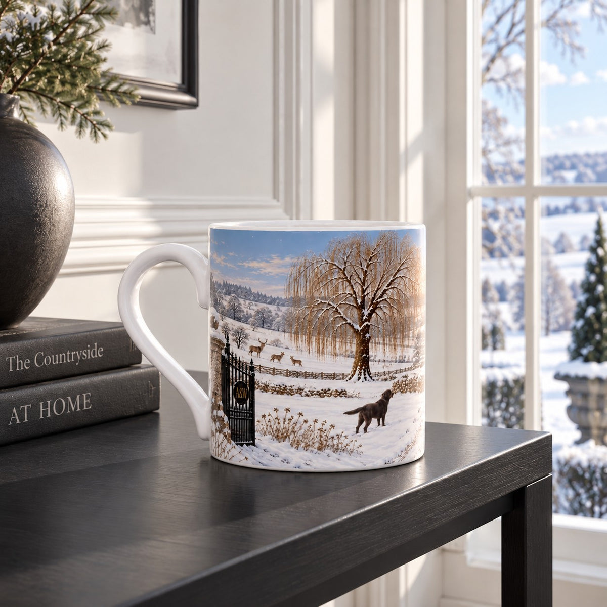 Fine bone china country house mug showing a snow-covered estate, pheasant and winter trees beneath a deep blue sky