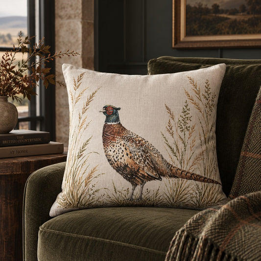 Moorland Pheasant 50cm cotton linen cushion featuring an illustrated pheasant amongst delicate grasses on a natural ground