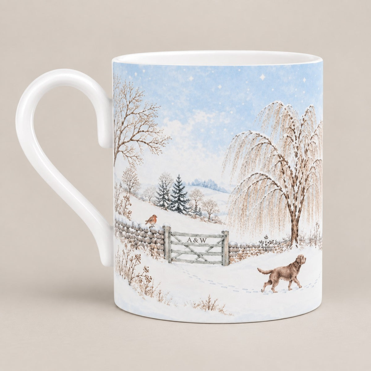 Winter countryside mug with dog walking through snow beside a willow tree, stone wall, robin and A&W country gate