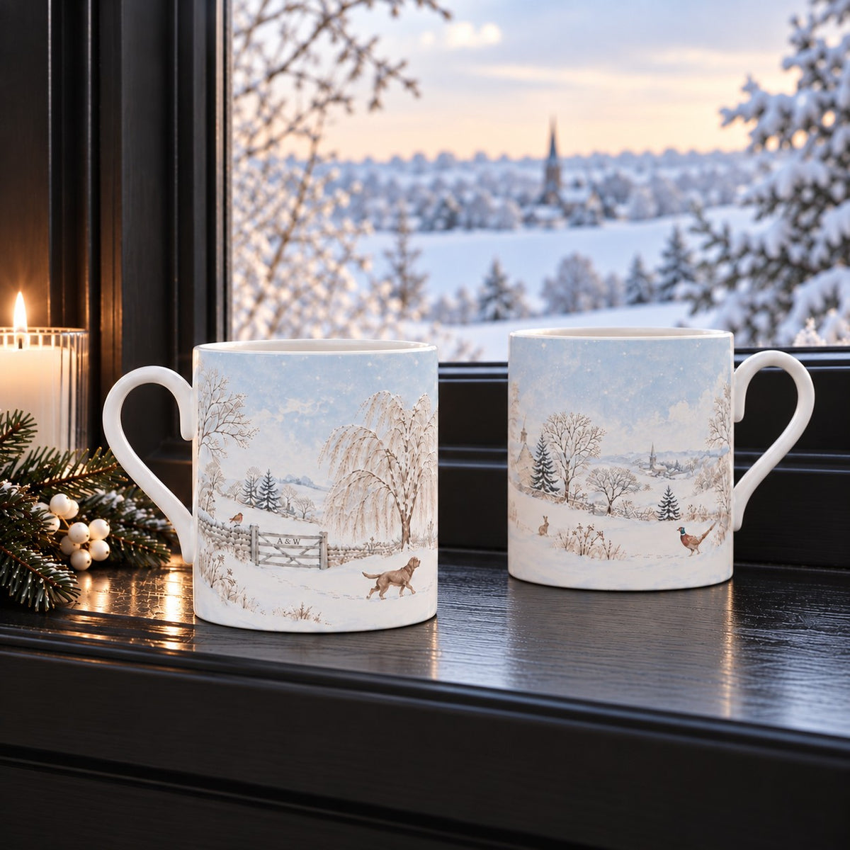 Two views of one Winter Estate mug showing dog, pheasant, hare, robin, willow tree and snowy countryside