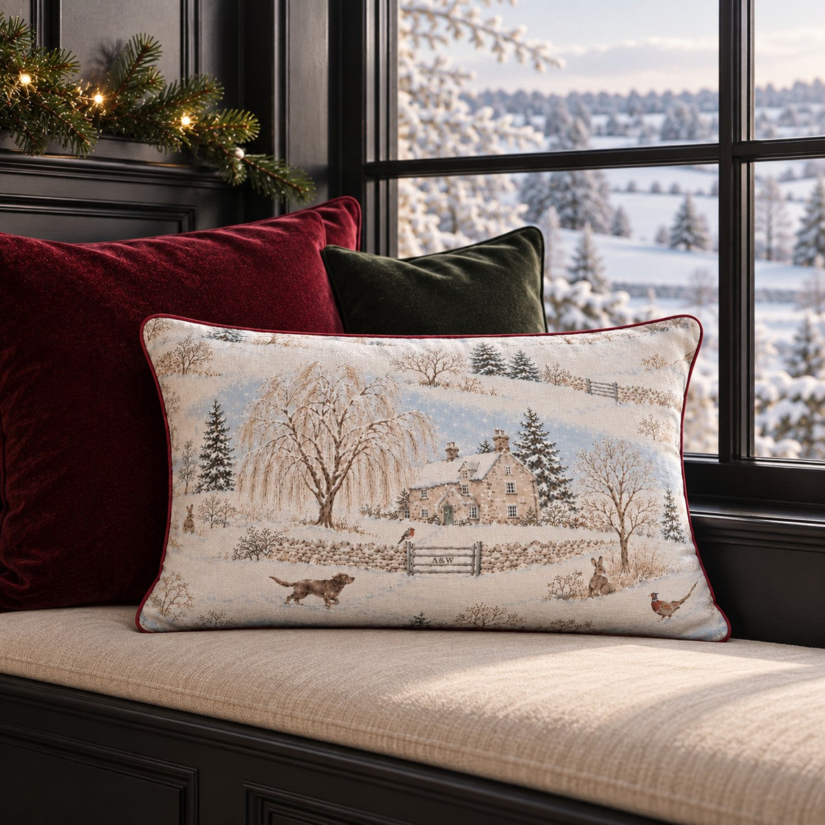 Rectangular cotton linen cushion with snowy country house, winter willow, dog, hare and pheasant with burgundy piping