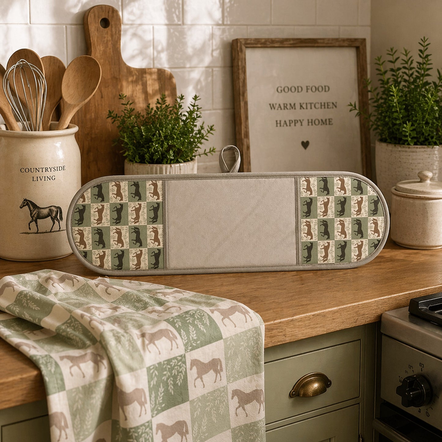 Equestrian Willow Double Oven Gloves – Sage & Taupe