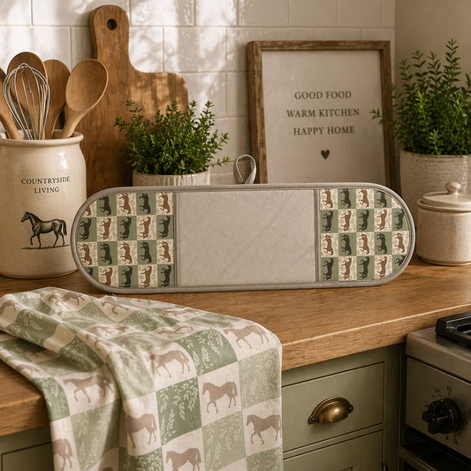 Equestrian Willow Double Oven Gloves – Sage & Taupe