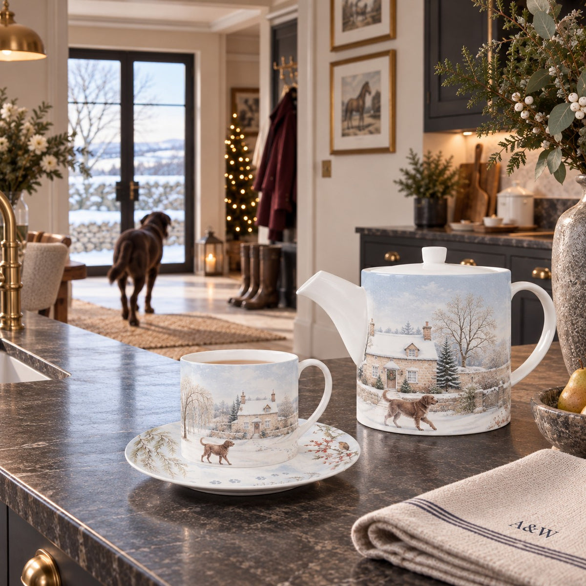 Bone china teapot with Labrador walking through snow outside a stone country house with winter trees and estate gate