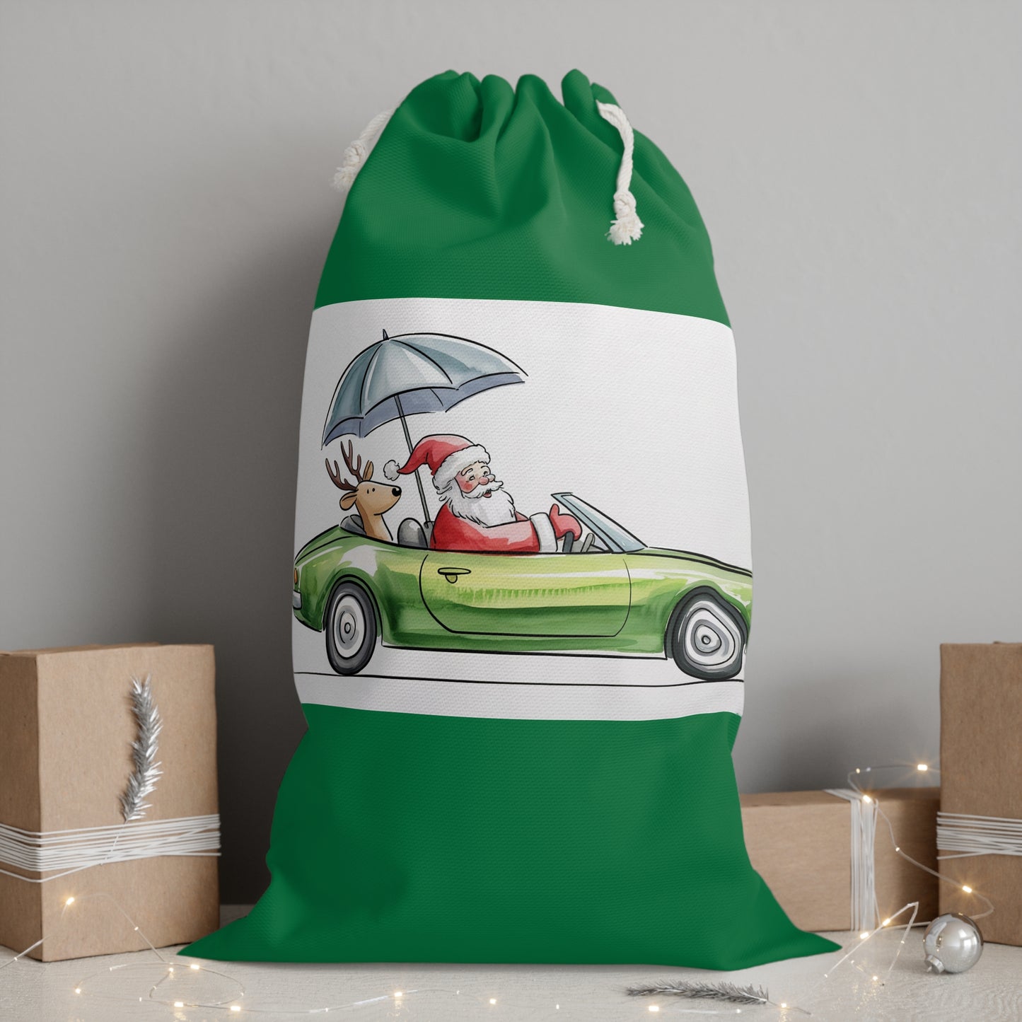 Retro Santa Car Christmas Sack with Rudolf - Vintage Holiday Design