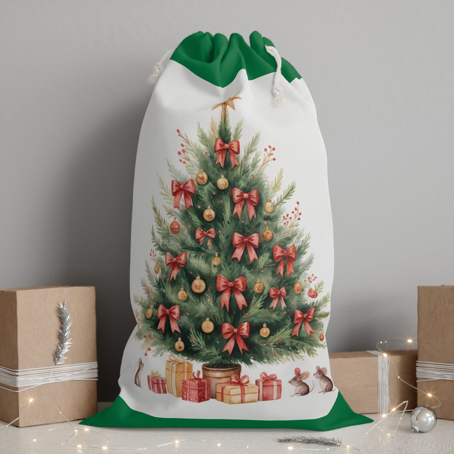 Christmas Sack with Tree & Red Ribbon Design - Perfect Christmas Bag