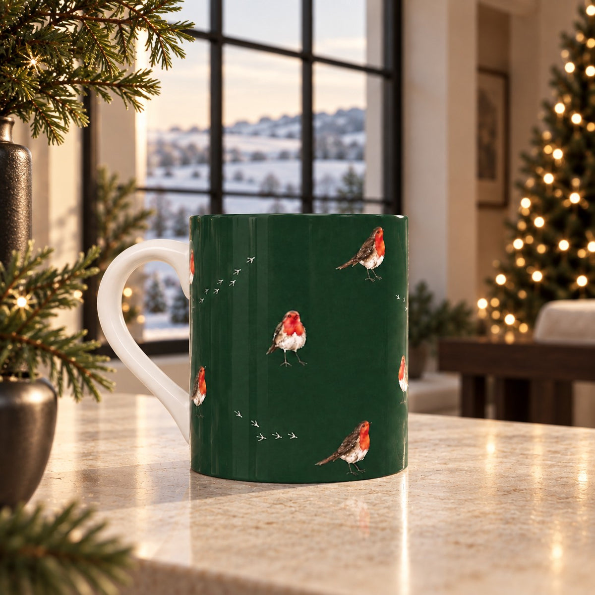 Christmas Robin fine bone china mug with red-breasted robins on a dark forest green background
