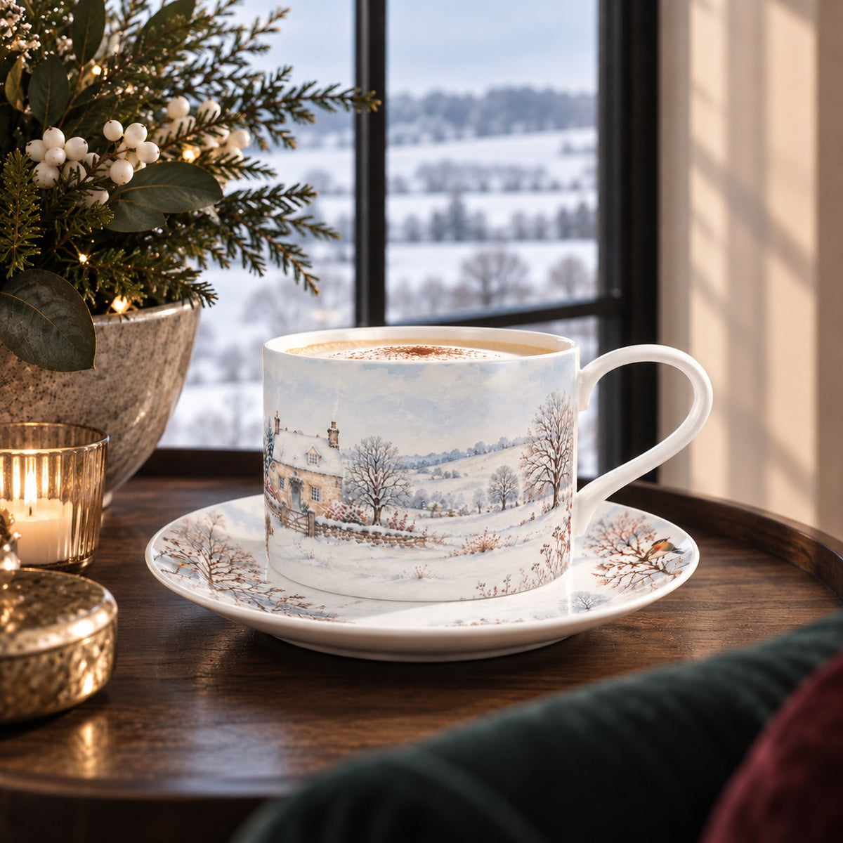 Winter coffee cup showing a snow-covered stone cottage, rolling fields and trees in a soft blue countryside landsca