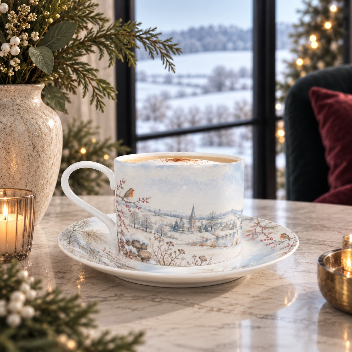 Bone china coffee cup with robin, winter berries and snowy countryside overlooking a village church