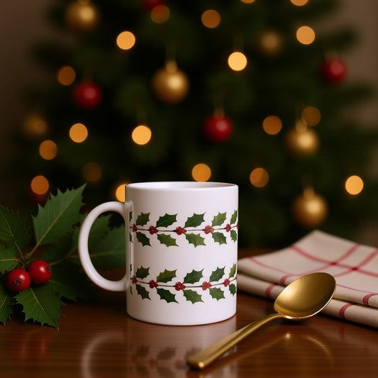 Festive Holly and Berry Ceramic Mug - Christmas Gift Idea
