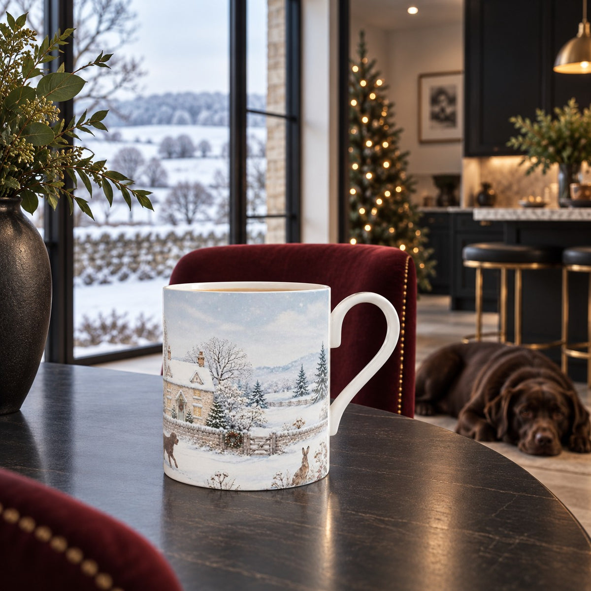 Fine bone china mug with Labrador and hare outside a snow-covered stone country house and winter gate