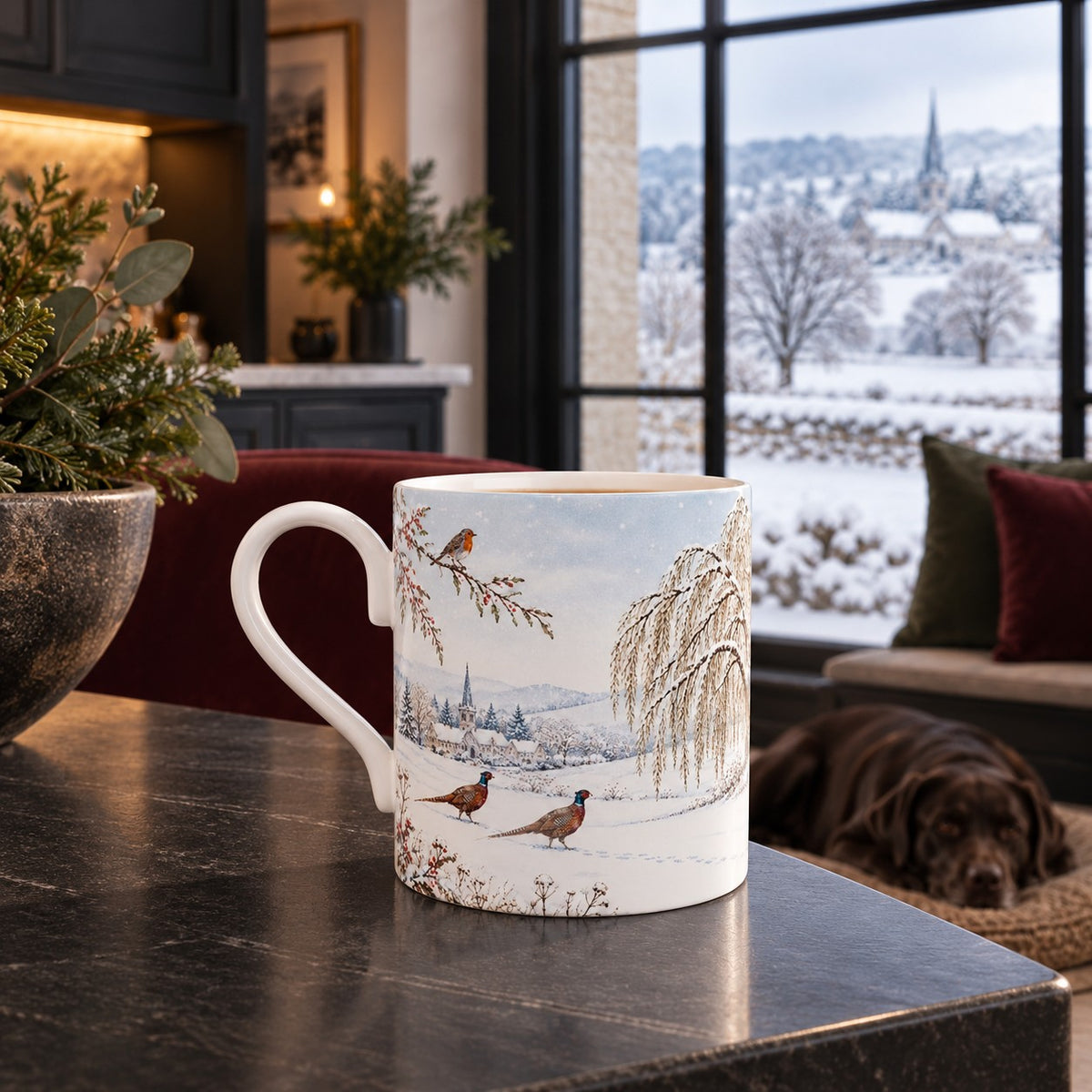 Fine bone china mug with two pheasants and robin in a snowy winter landscape with willow tree and distant church