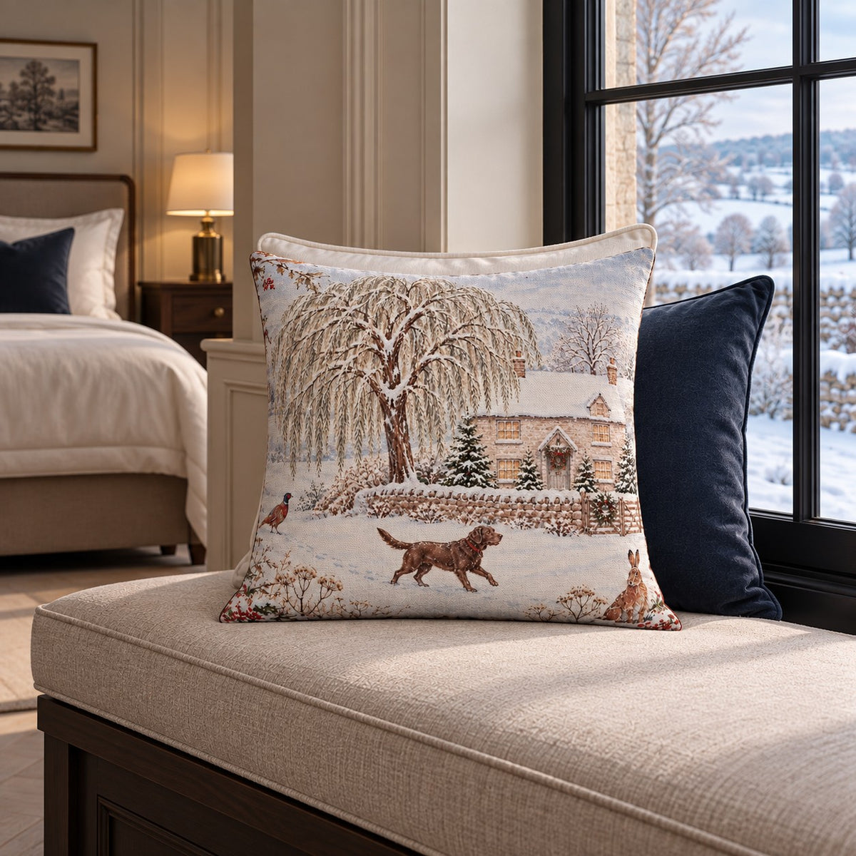 50x50cm Labrador cushion with dog, pheasant and hare outside a snowy stone country house and winter willow