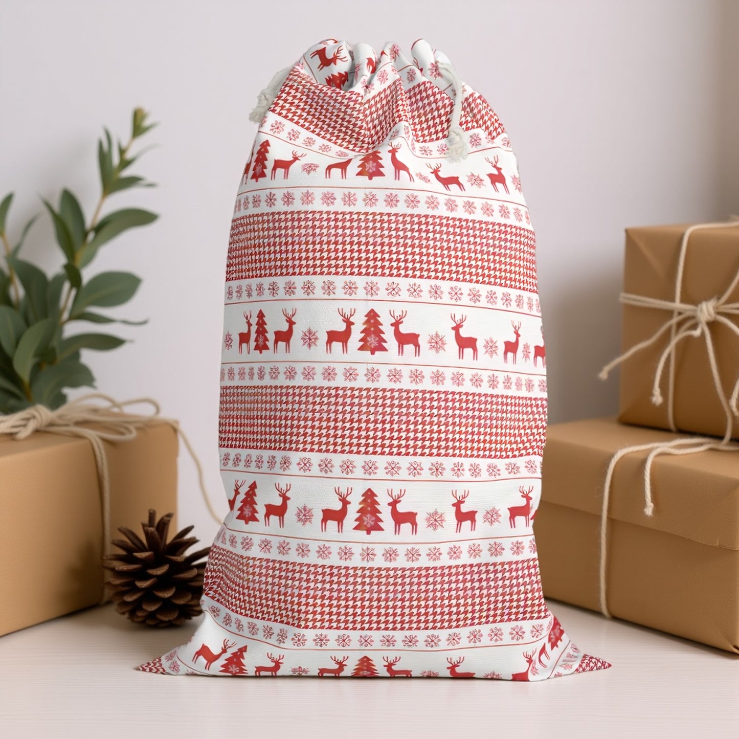 Red & White Nordic Reindeer Christmas Sack - Festive Holiday Gift Bag