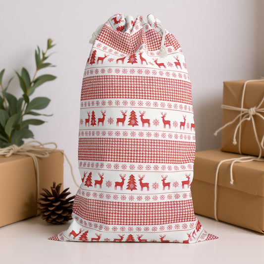 Red & White Nordic Reindeer Christmas Sack - Festive Holiday Gift Bag