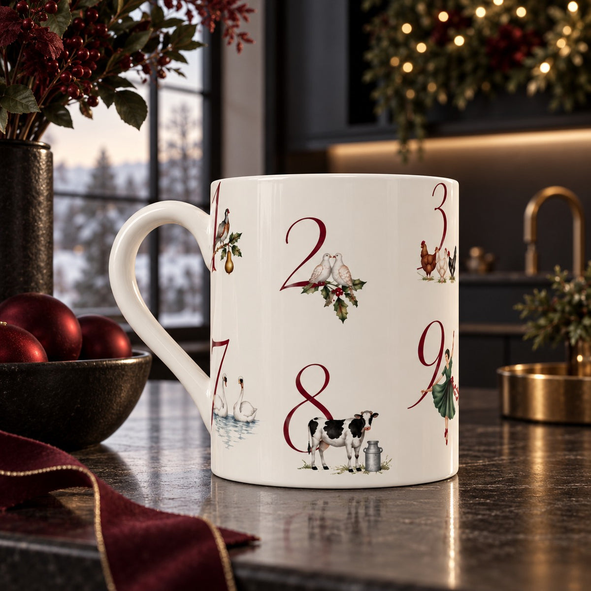 Twelve Days of Christmas fine bone china mug wraparound design with partridge, doves, hens, birds, gold rings, swans, dancers, pipers and drummer